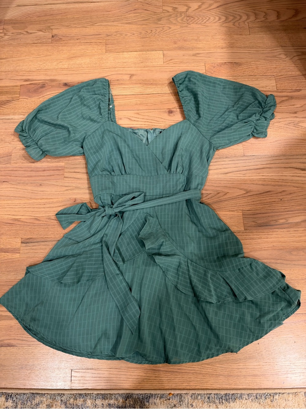 Trixxi Forest Green Puff-Sleeve Wrap Mini Dress